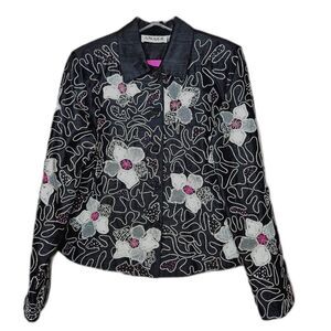 Anage Vintage Black Hot Pink Floral Beaded Embroidered Button Front Silk Jacket